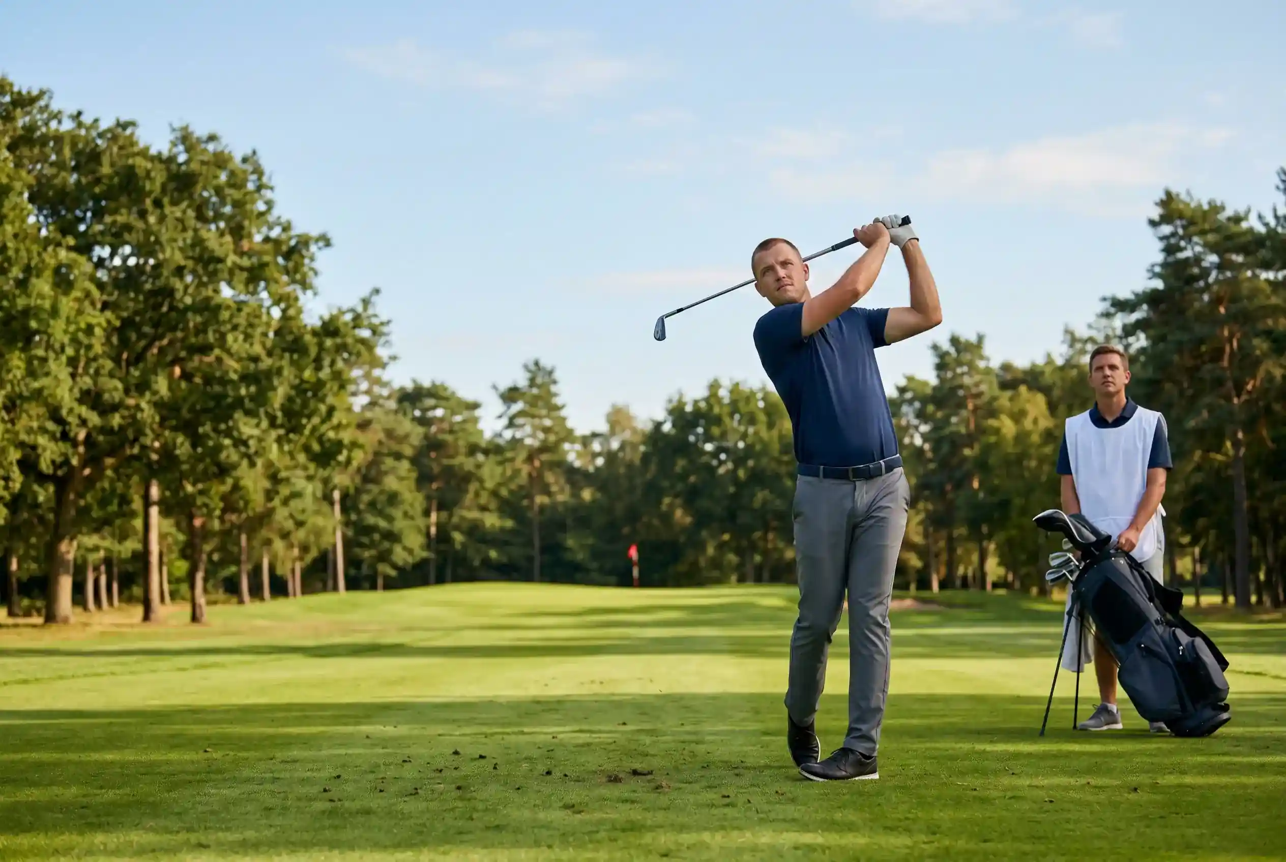 Golfspieler auf dem Fairway bei einem Annäherungsschlag mit eisernem Schläger und Caddie im Hintergrund